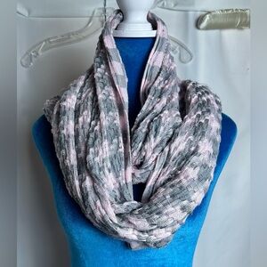Lightweight Pink and Gray Checked Scarf with Fringe and Sequin Embellishments
